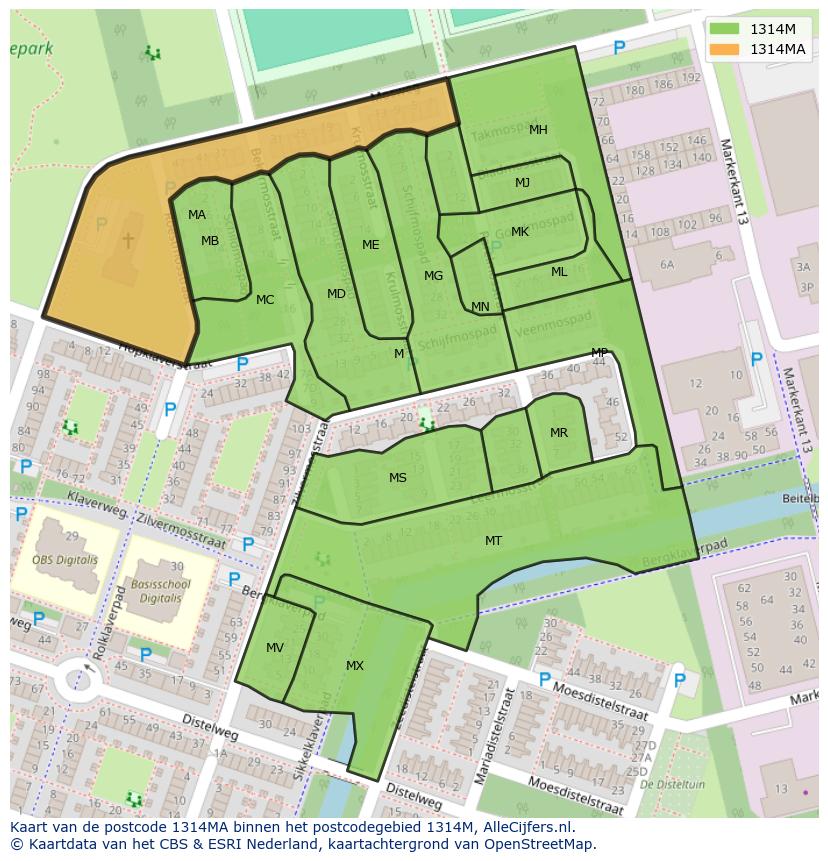 Afbeelding van het postcodegebied 1314 MA op de kaart.