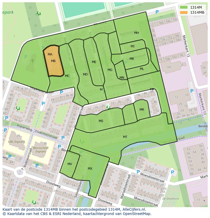 Afbeelding van het postcodegebied 1314 MB op de kaart.