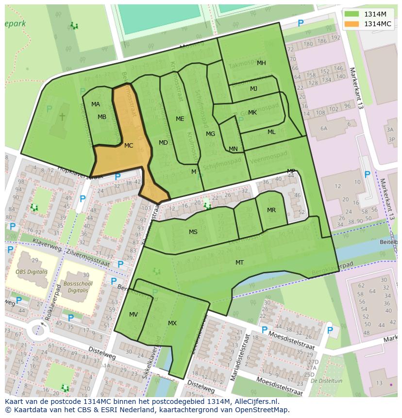 Afbeelding van het postcodegebied 1314 MC op de kaart.