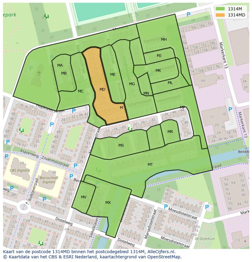 Afbeelding van het postcodegebied 1314 MD op de kaart.
