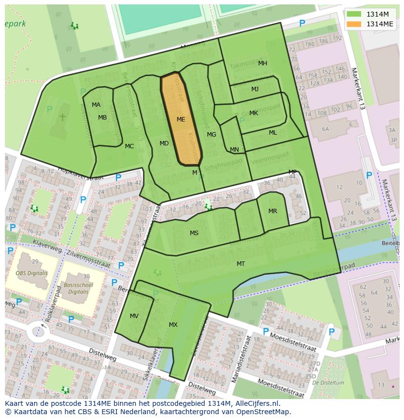 Afbeelding van het postcodegebied 1314 ME op de kaart.