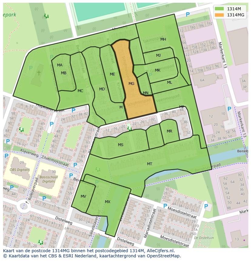 Afbeelding van het postcodegebied 1314 MG op de kaart.