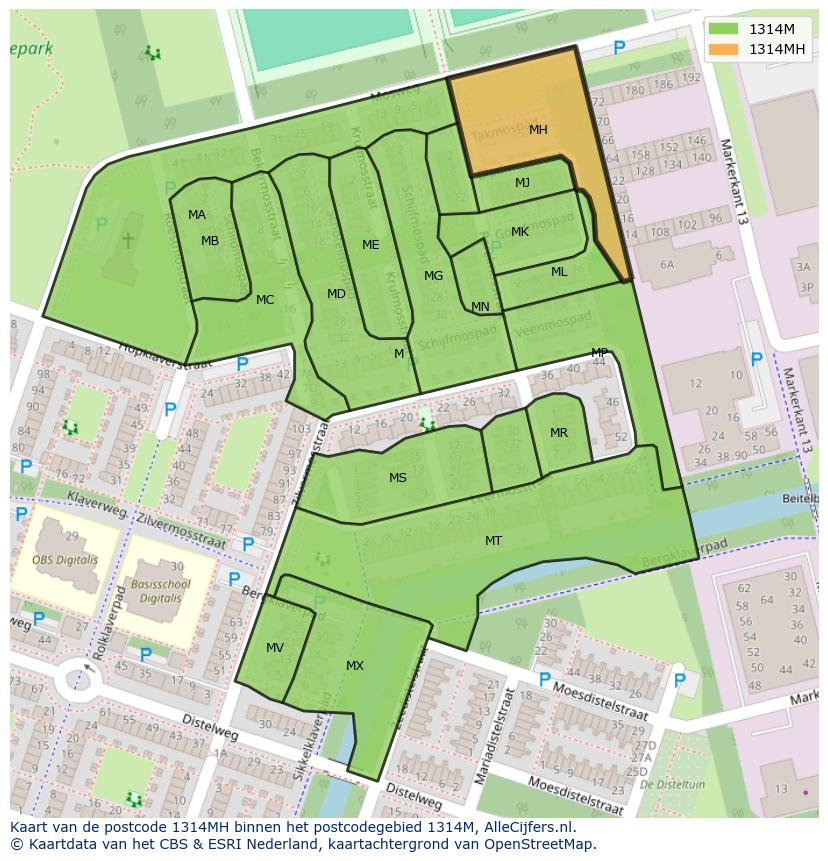 Afbeelding van het postcodegebied 1314 MH op de kaart.