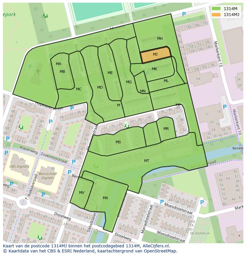 Afbeelding van het postcodegebied 1314 MJ op de kaart.