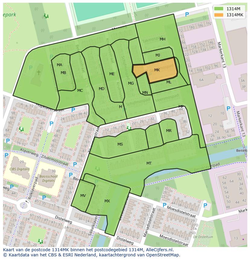 Afbeelding van het postcodegebied 1314 MK op de kaart.
