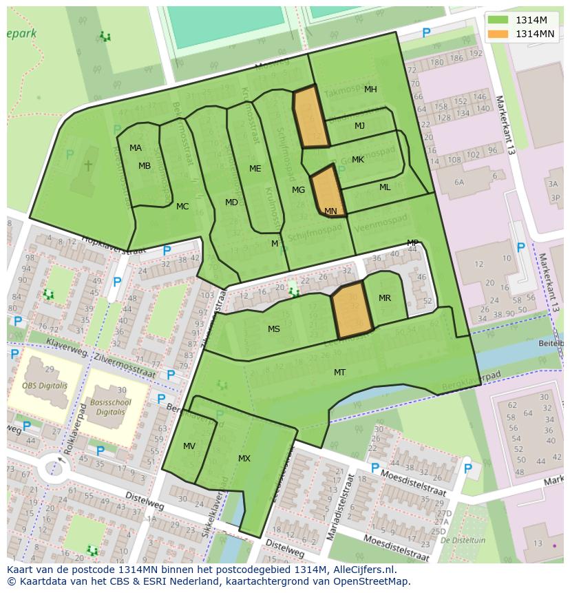 Afbeelding van het postcodegebied 1314 MN op de kaart.