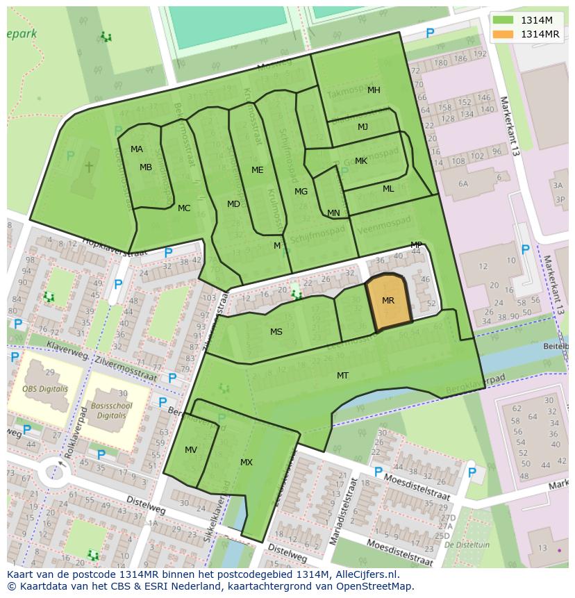 Afbeelding van het postcodegebied 1314 MR op de kaart.