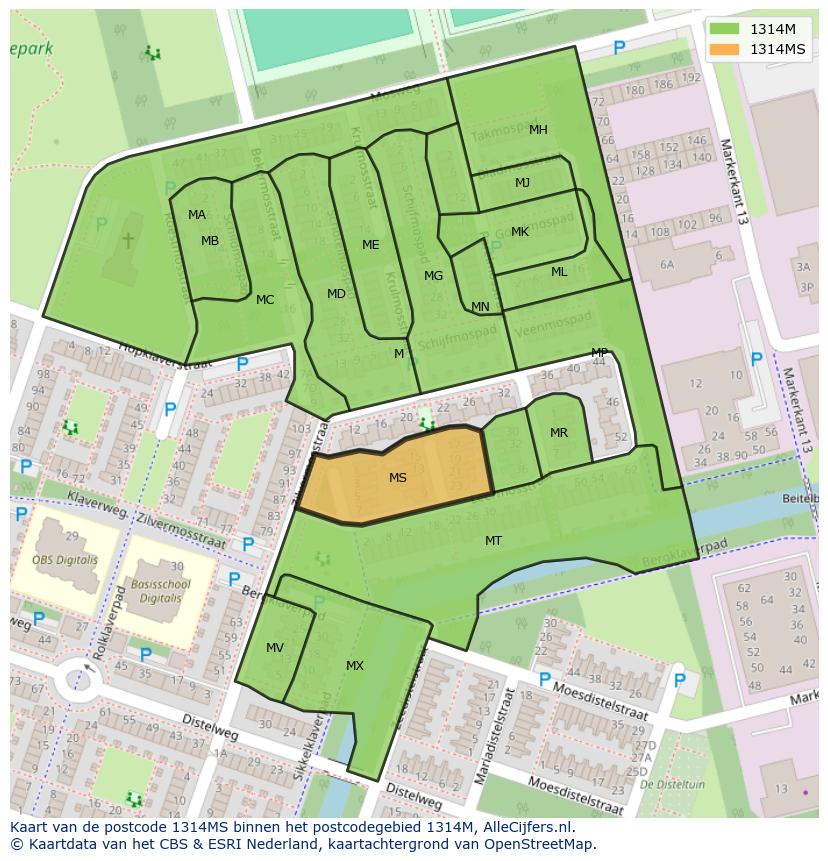 Afbeelding van het postcodegebied 1314 MS op de kaart.