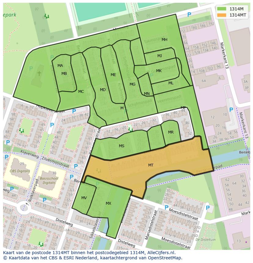 Afbeelding van het postcodegebied 1314 MT op de kaart.