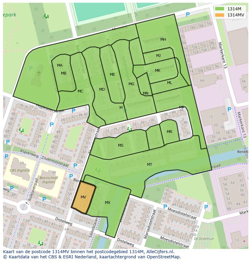 Afbeelding van het postcodegebied 1314 MV op de kaart.