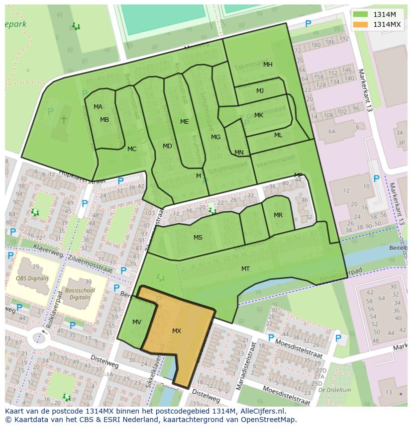 Afbeelding van het postcodegebied 1314 MX op de kaart.