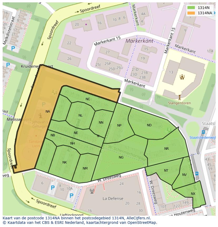 Afbeelding van het postcodegebied 1314 NA op de kaart.
