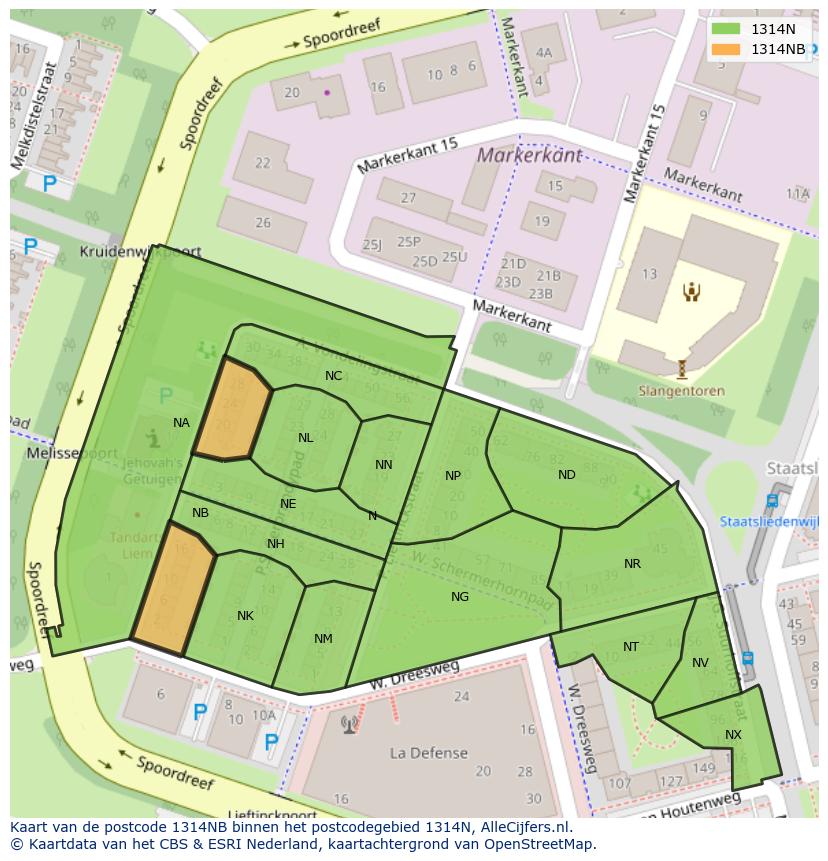 Afbeelding van het postcodegebied 1314 NB op de kaart.