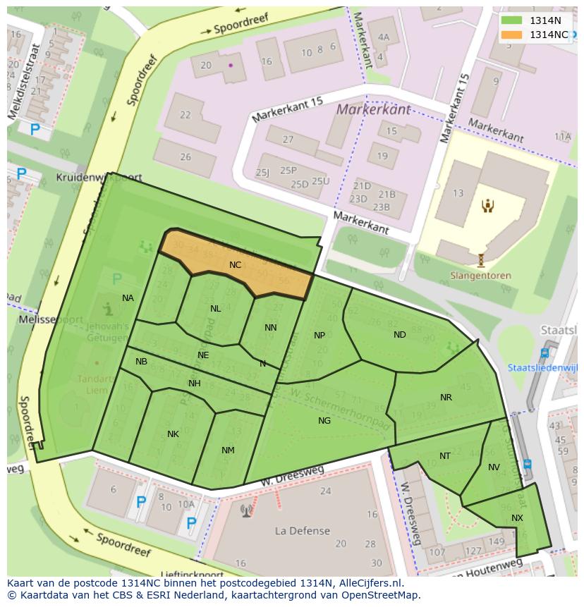 Afbeelding van het postcodegebied 1314 NC op de kaart.