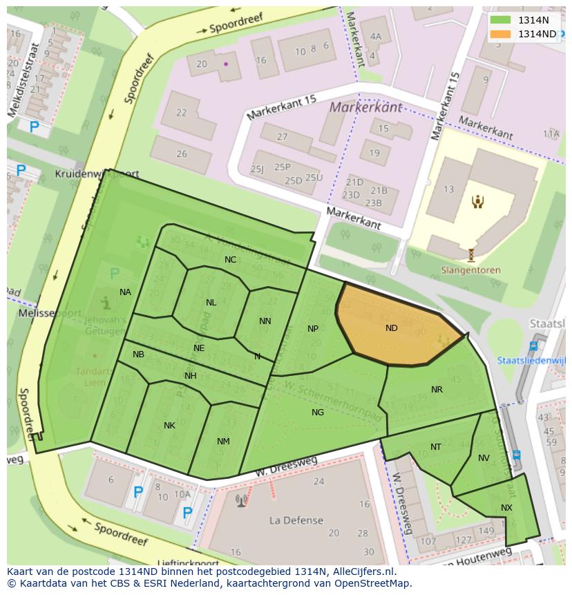 Afbeelding van het postcodegebied 1314 ND op de kaart.