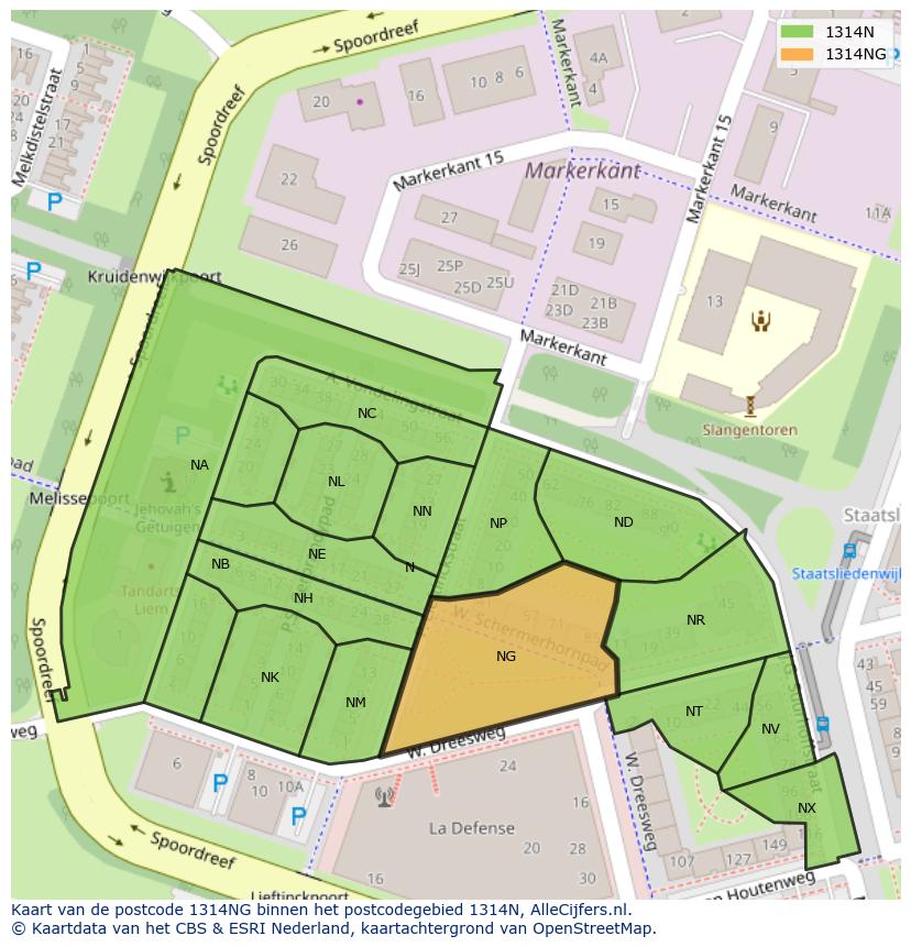 Afbeelding van het postcodegebied 1314 NG op de kaart.