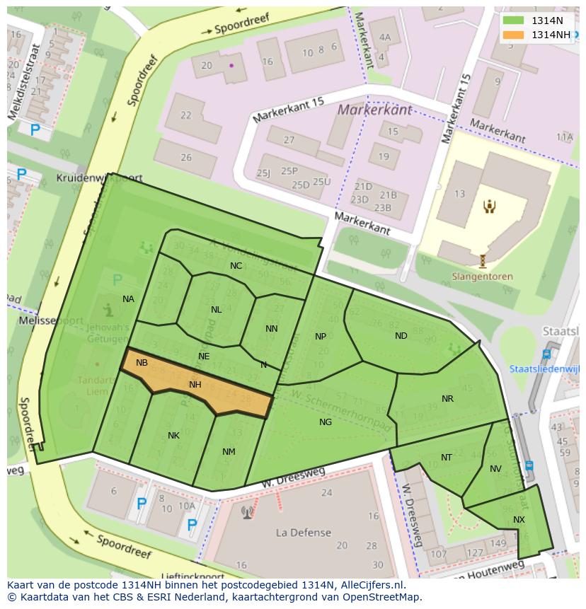Afbeelding van het postcodegebied 1314 NH op de kaart.