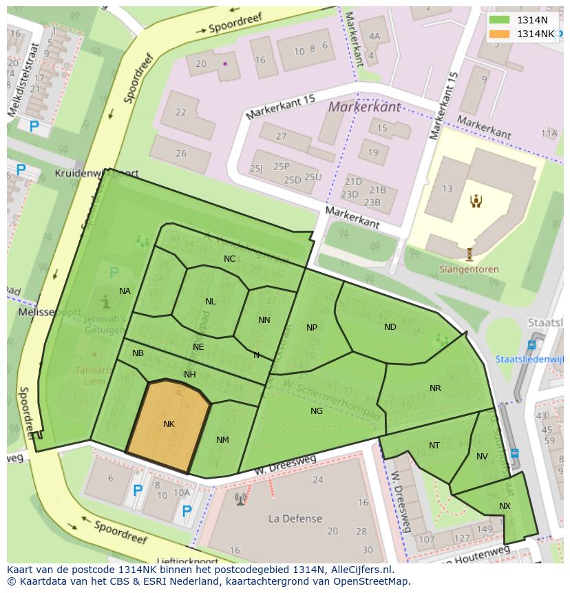 Afbeelding van het postcodegebied 1314 NK op de kaart.