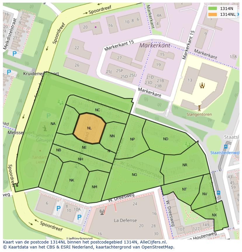 Afbeelding van het postcodegebied 1314 NL op de kaart.