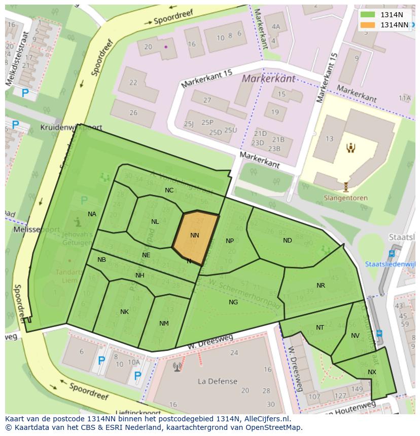 Afbeelding van het postcodegebied 1314 NN op de kaart.