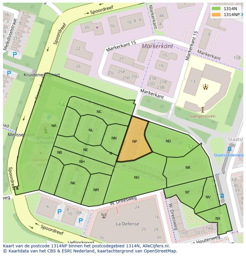 Afbeelding van het postcodegebied 1314 NP op de kaart.
