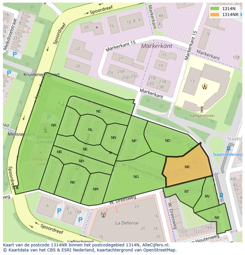 Afbeelding van het postcodegebied 1314 NR op de kaart.