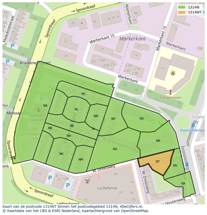 Afbeelding van het postcodegebied 1314 NT op de kaart.
