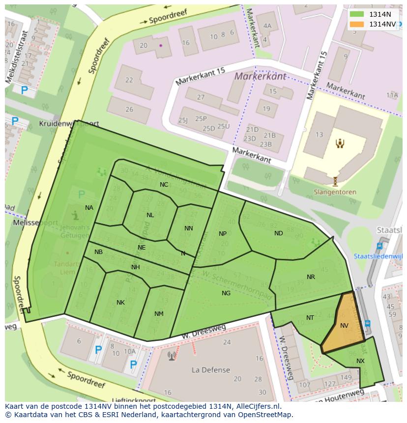 Afbeelding van het postcodegebied 1314 NV op de kaart.