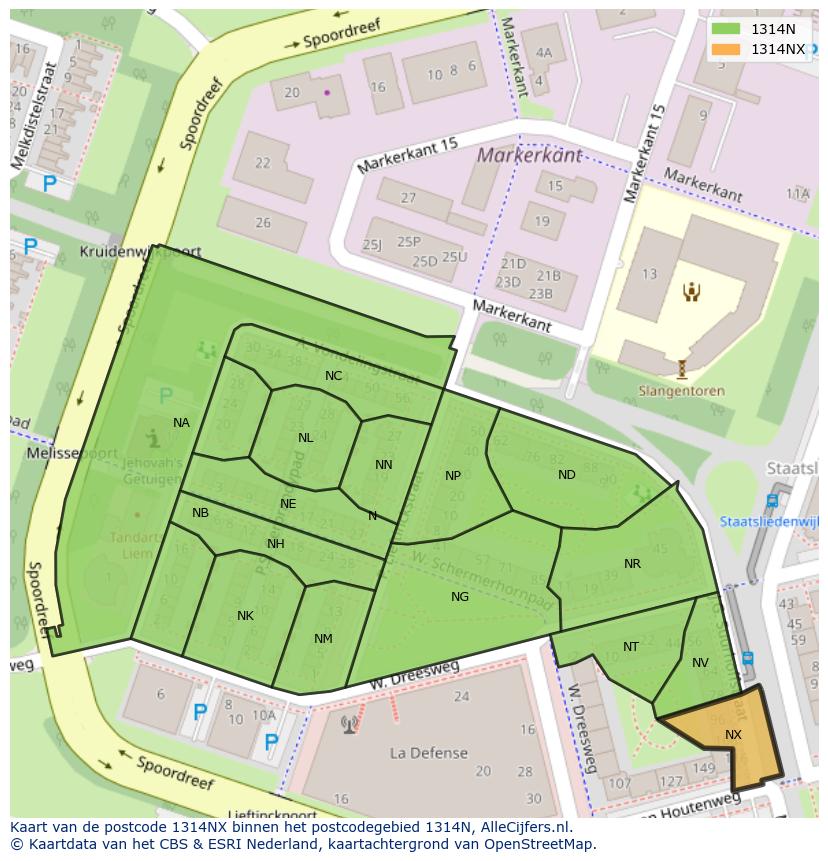 Afbeelding van het postcodegebied 1314 NX op de kaart.