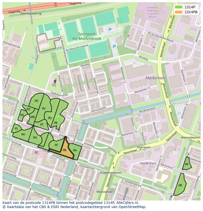Afbeelding van het postcodegebied 1314 PB op de kaart.