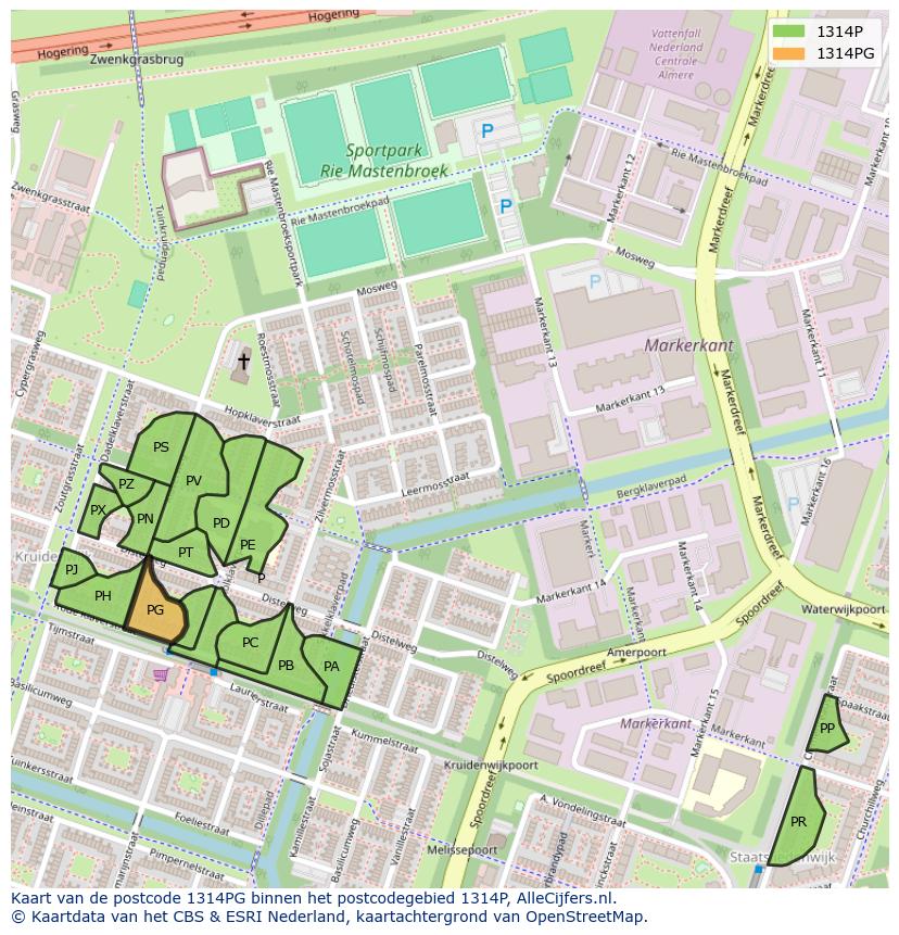 Afbeelding van het postcodegebied 1314 PG op de kaart.