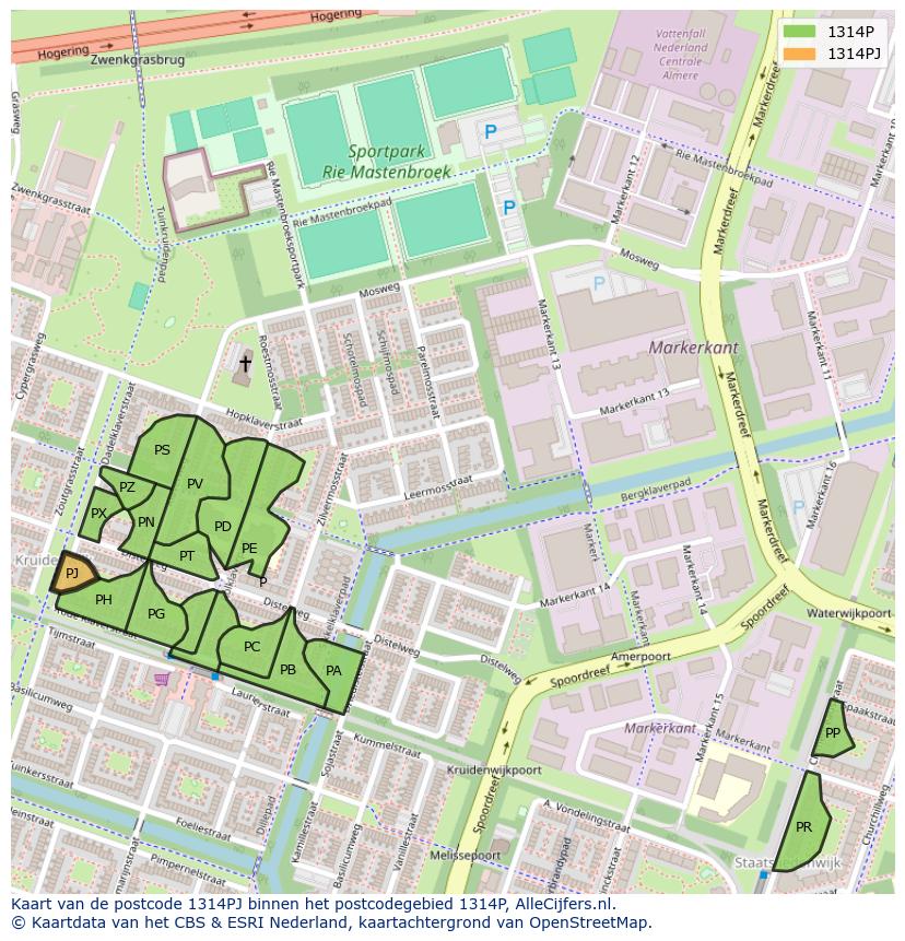 Afbeelding van het postcodegebied 1314 PJ op de kaart.
