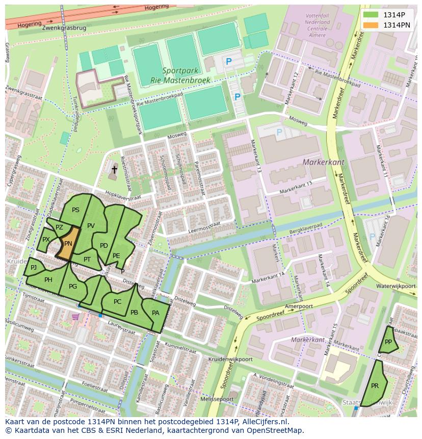 Afbeelding van het postcodegebied 1314 PN op de kaart.