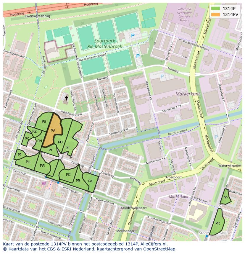 Afbeelding van het postcodegebied 1314 PV op de kaart.
