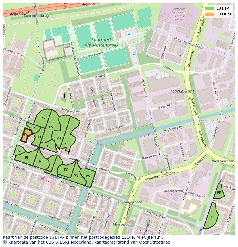 Afbeelding van het postcodegebied 1314 PX op de kaart.