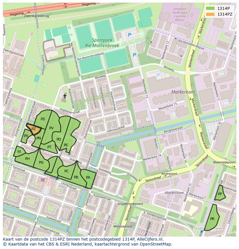 Afbeelding van het postcodegebied 1314 PZ op de kaart.