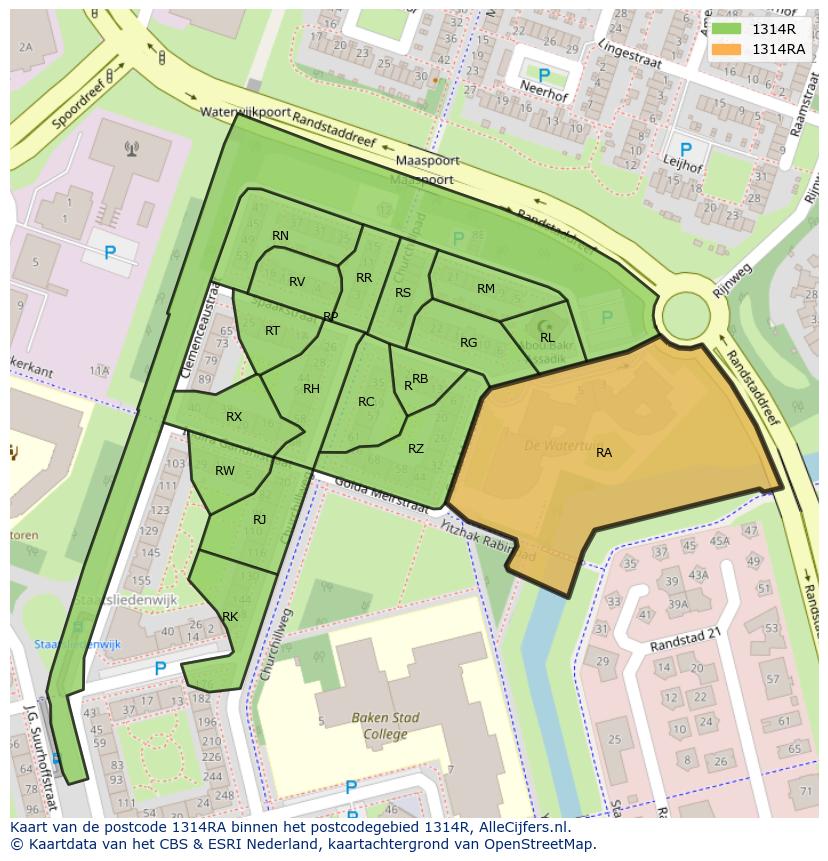 Afbeelding van het postcodegebied 1314 RA op de kaart.