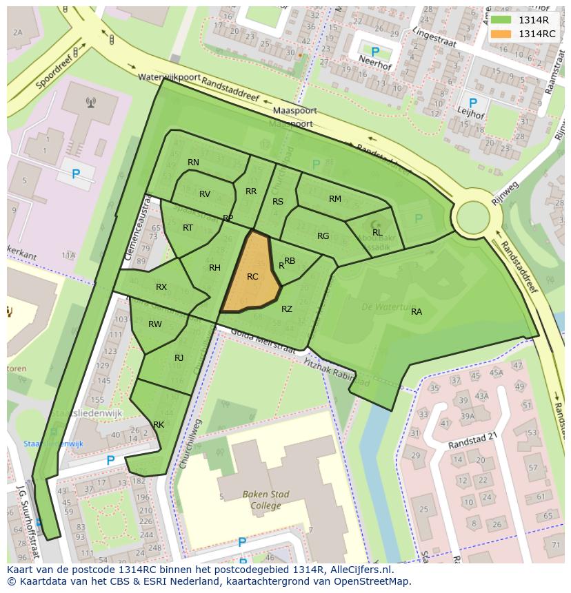 Afbeelding van het postcodegebied 1314 RC op de kaart.