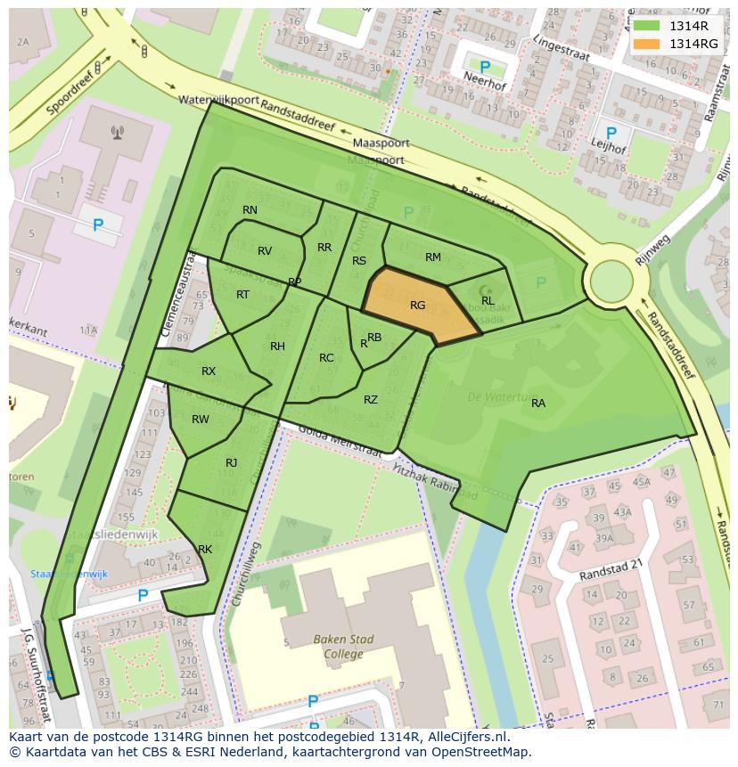 Afbeelding van het postcodegebied 1314 RG op de kaart.