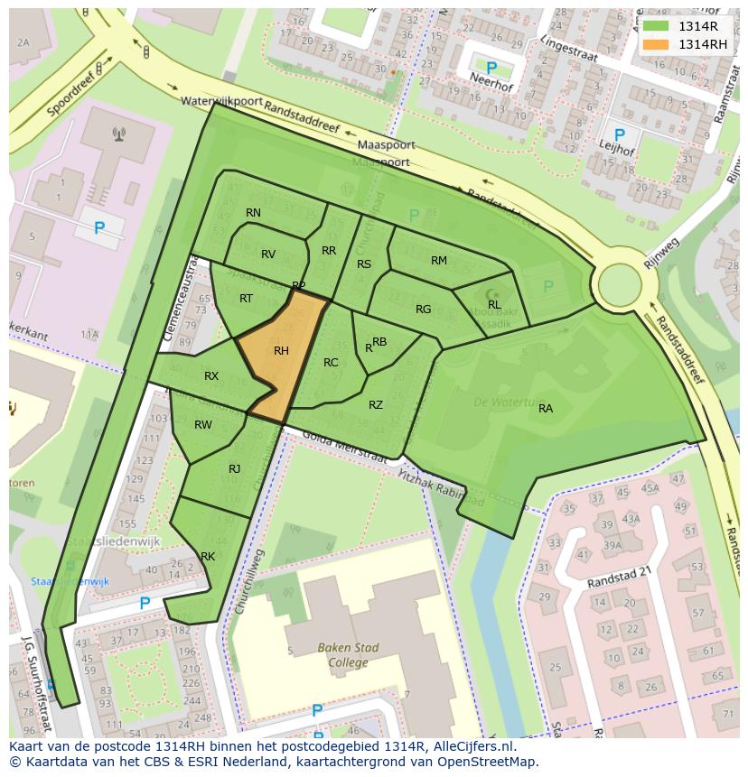 Afbeelding van het postcodegebied 1314 RH op de kaart.