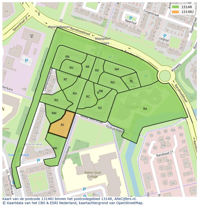 Afbeelding van het postcodegebied 1314 RJ op de kaart.