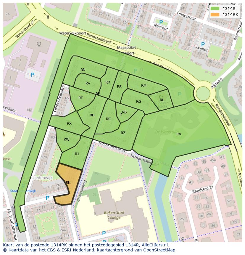 Afbeelding van het postcodegebied 1314 RK op de kaart.