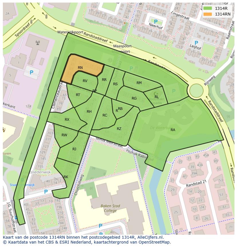 Afbeelding van het postcodegebied 1314 RN op de kaart.