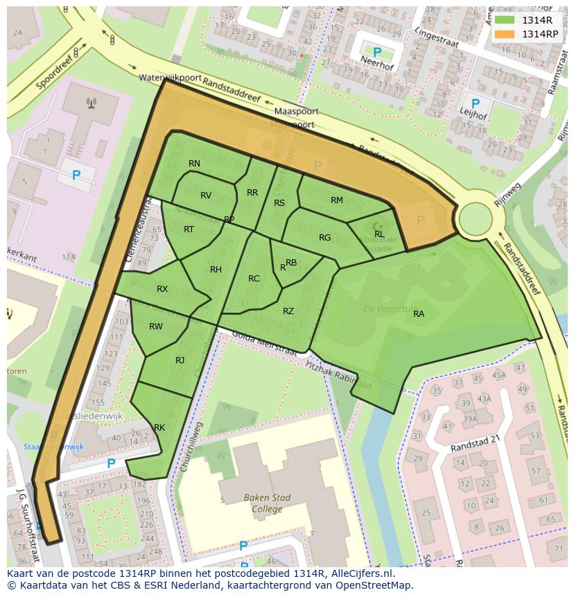 Afbeelding van het postcodegebied 1314 RP op de kaart.