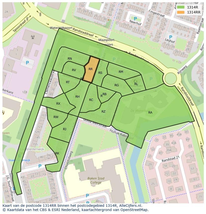 Afbeelding van het postcodegebied 1314 RR op de kaart.