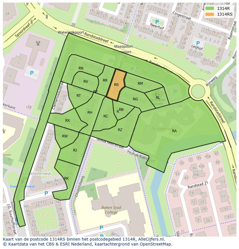Afbeelding van het postcodegebied 1314 RS op de kaart.