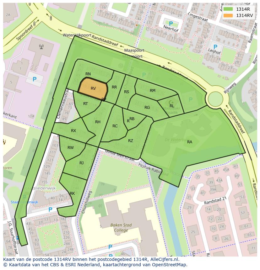Afbeelding van het postcodegebied 1314 RV op de kaart.