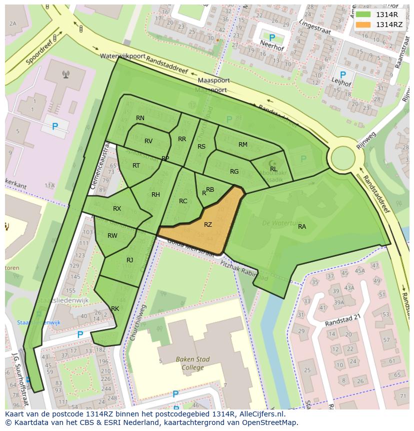 Afbeelding van het postcodegebied 1314 RZ op de kaart.