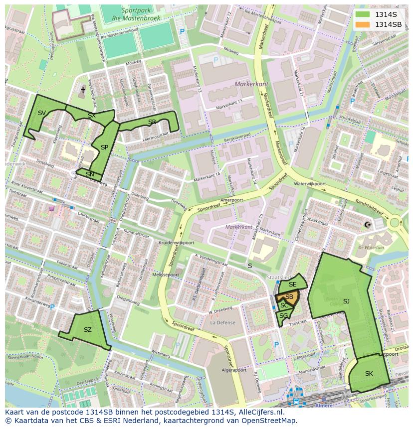 Afbeelding van het postcodegebied 1314 SB op de kaart.