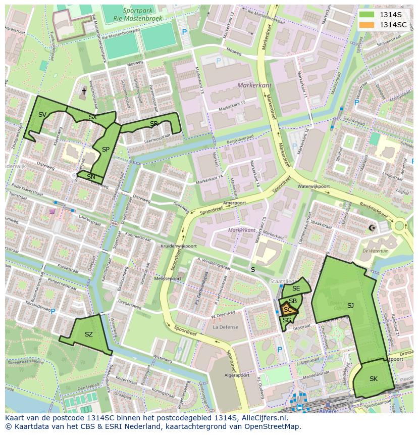 Afbeelding van het postcodegebied 1314 SC op de kaart.